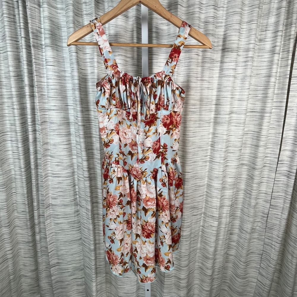 Cider Floral Milkmaid Mini Dress Blue Red Rose Print Cottagecore XS